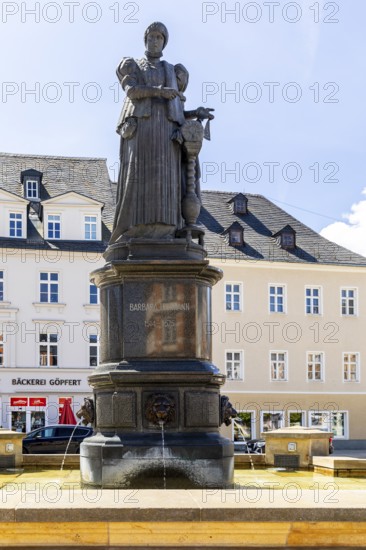 Barbara Uthmann fountain on the market square in Annaberg, Annaberg-Buchholz, Ore Mountains, Saxony, Germany