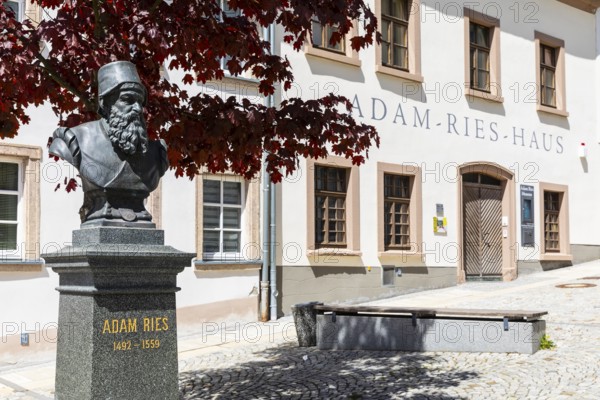 Karlsplatz with Adam Ries House and Memorial in Annaberg, Annaberg-Buchholz, Ore Mountains, Saxony, Germany