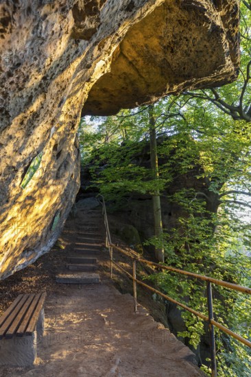 Baptism stone on Bernhardstein in the morning, Saxon Switzerland, Saxony, Germany