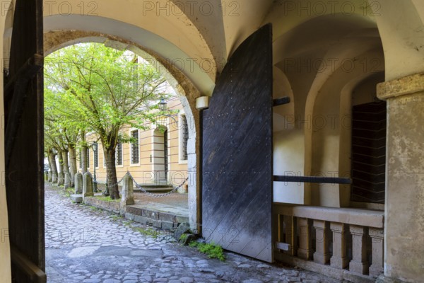 Gate crossing at Landschloss Zuschendorf, Pirna, Saxony, Germany