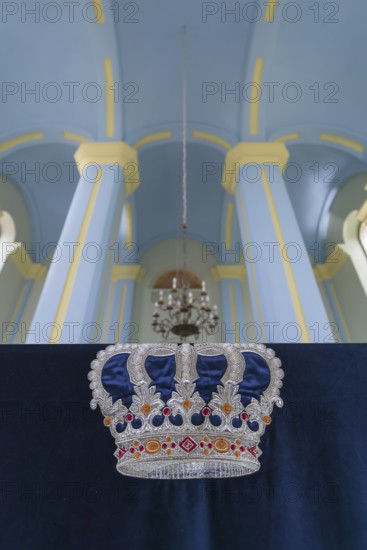 Crown on a cloth in the restored Choral Synagogue, built from 1842-1865, Drochobych, Ukraine