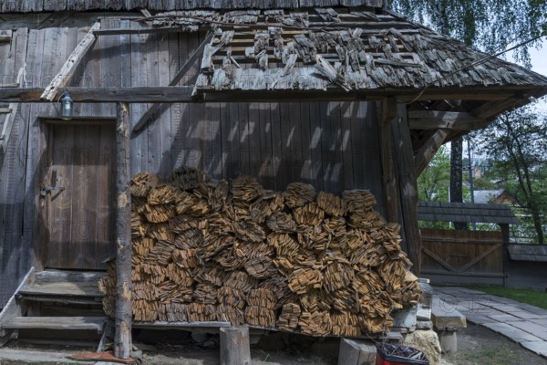 Storage of wooden shingles for wooden church repairs, Drochobych, Ukraine