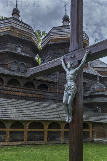 Christ Cross in front of St. George's Orthodox Church, around 1500, wooden church, Drochobych, Ukraine