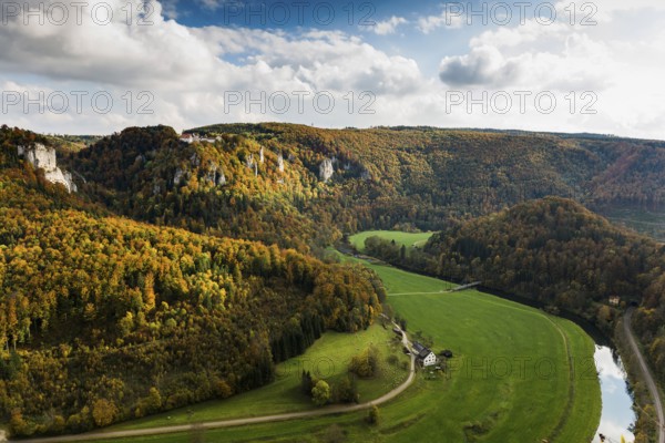 Autumnal forest, Eichfelsen viewpoint, near Irndorf, Upper Danube nature park Park, Upper Danube Valley, Danube, Swabian Jura, Baden-Württemberg, Germany