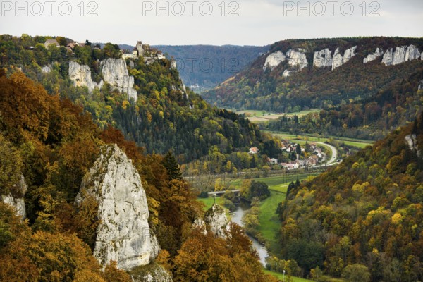 Autumnal forest and Werenwag Castle, Eichfelsen viewpoint, near Irndorf, Upper Danube nature park Park, Upper Danube Valley, Danube, Swabian Jura, Baden-Württemberg, Germany