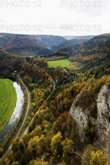 Autumnal forest, Eichfelsen viewpoint, near Irndorf, Upper Danube nature park Park, Upper Danube Valley, Danube, Swabian Jura, Baden-Württemberg, Germany