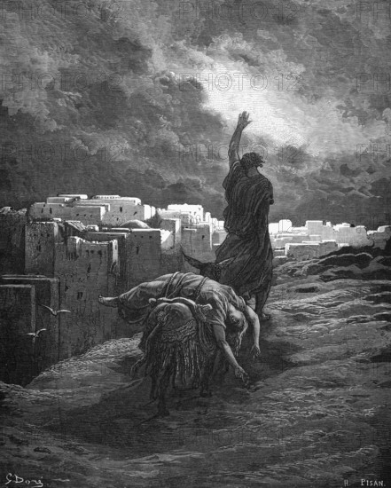 On a donkey, Ephraim continues his woman, Bible, book of judges chapter 19, verse 28, story, cityscape, darkness, morning light, dead woman, tied up, raised arm, greet, way, walk, historical illustration based on Gustave Doré around 1880