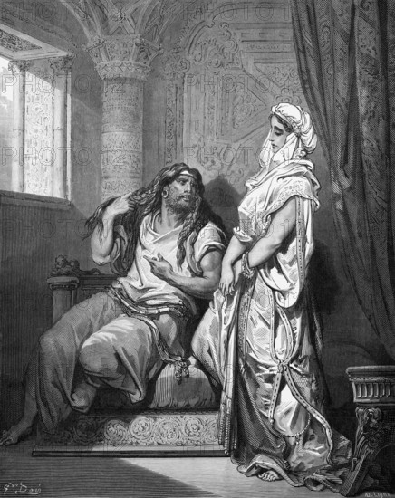 Samson and Delilah, Samson reveals the secret of his power, Bible, Book of Judges chapter 16, verses 15-17, story, interior, curtain, pillar, decorations, window, light, constant questions, torment, curiosity, love, openness, secrecy, silence, conflict, conscience, two souls, long hair, hair dress, promise, eternal strength, God, historical illustration based on Gustave Doré around 1880