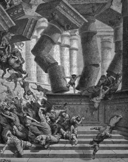 Death of Samson, he collapses the building and goes to death with the Philistines, Bible, Book of Judges chapter 16, verse 30, story, betrayal, city prince, prisoner, steps, pillars fall, break, many dead, strength, arms, God, show off, strength, trick, wisdom, historical illustration based on Gustave Doré around 1880