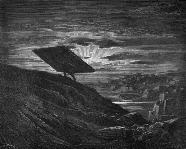 Samson proves his strength in Gaza, he lifts the city gates from Gaza and carries them up the mountain near Hebron, Bible, book of judges chapter 16, verse 3, story, city gate, prying out, removing, on shoulders, carrying, heavy load, uphill, midnight, darkness, rays of light, cityscape, historical illustration based on Gustave Doré around 1880