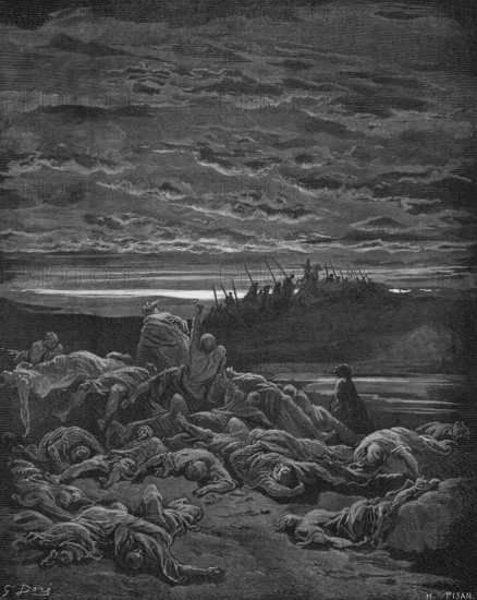 Murder of the children of Jerubbaal in Ofra by Abimelech's troupe, Bible, book of judges chapter 9, verse 5, story, many dead, murder, merciless, unrepentant, pain, grief, darkness, historical illustration based on Gustave Doré around 1880