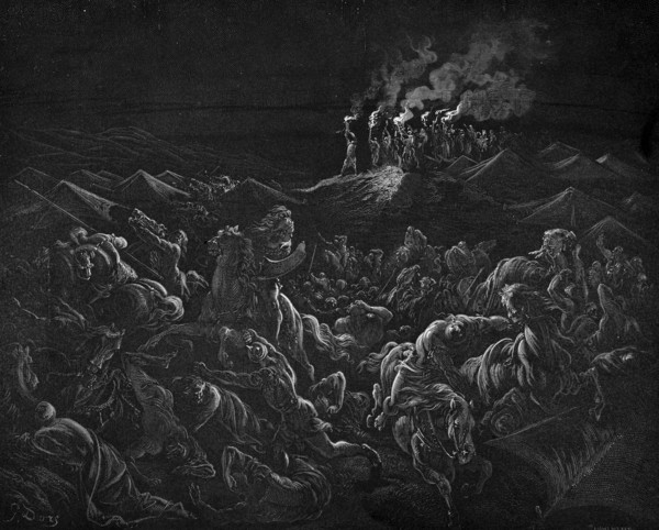 Gideon's victory over the Midianites, all blissed the ram horns, throw apart the pitchers and hold the torches, Bible, book of judges chapter 7, verse 20, story, darkness, night, fight, tents, break, smoke, flee, enemies, riders, die, chaos, music, horn, ram, historical illustration based on Gustave Doré around 1880