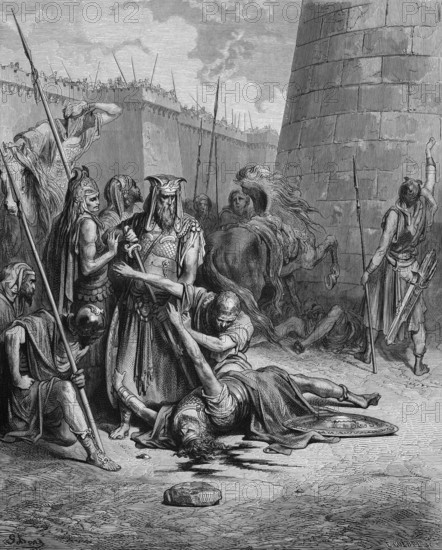 Death of Abimelech, a woman kills Abimelech, draw your sword and kill me!, Bible, Book of Judges chapter 9, verse 54, story, murder, death, city wall, tower, horse, warrior, weapon bearer, armor, helmet, lance, kill, pain, die, lie on the ground, plead, historical illustration after Gustave Doré around 1880