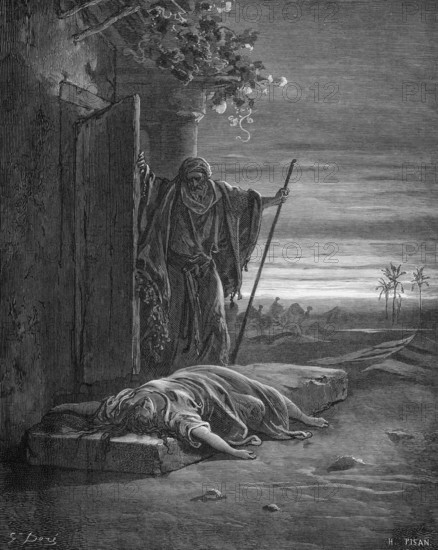 The woman of Levite Ephraim lies dead on the threshold of her house, Bible, Book of Judges chapter 19, verse 27, story, woman, return, impotence, collapse, fall over, die, front door, man, staff, glimpse, grief, pain, house front, palm trees, camels, landscape, historical illustration based on Gustave Doré around 1880