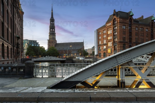 St. Katharinen's main church at the blue hour, Speicherstadt, Hamburg, Germany