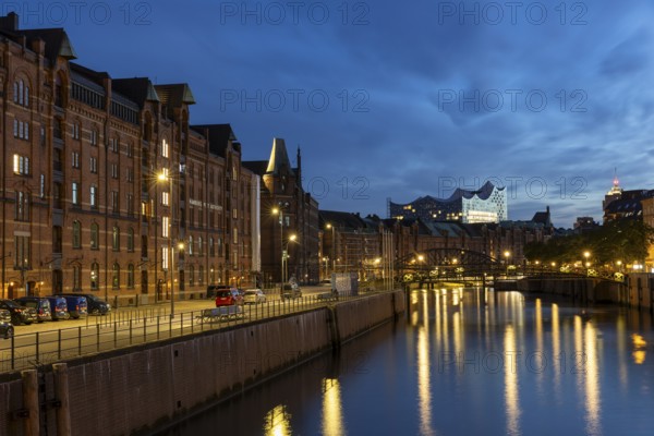 View from Speicherstadt to the Elbe Philharmonic Hall at the blue hour, Hamburg, Germany