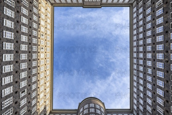 View of the sky in the courtyard of the Chilehaus in the Kontorhausviertel, Hamburg, Germany