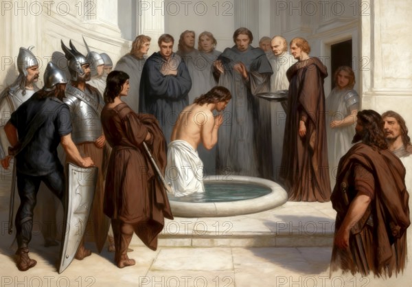 Baptism of Clovis by Saint Remigius, cathedral of Reims, 496, Clovis, Chlodovechus, Chlodwig I, Chlodowech, 466-511, King of the Franks of the Merovingian dynasty