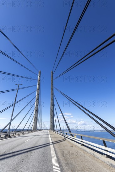 Roadway on the Öresund Bridge, Øresundsbrön, world's longest cable car bridge, connecting Copenhagen with Malmö, Denmark, Sweden