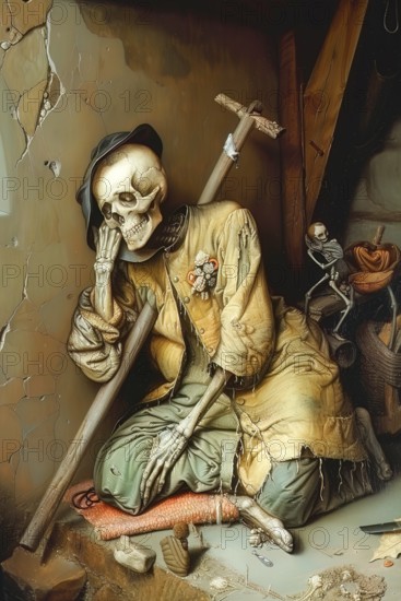 Medieval representation of the allegory of Death symbolized by man and skulls, AI generated