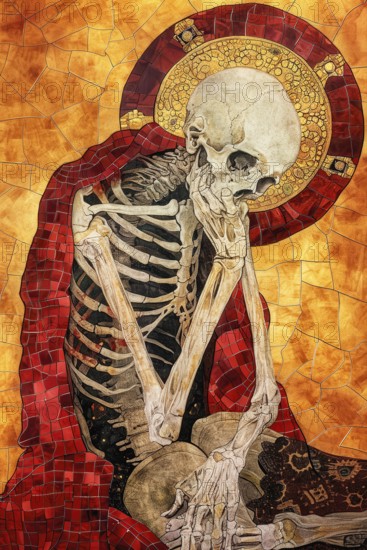 Surrealistic representation of the allegory of Death symbolized by a skeleton, AI generated