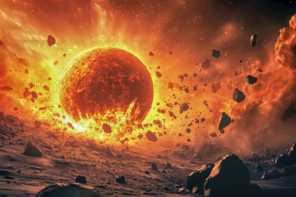Imaginary planet burning in space after a collision with a giant comet, AI generated