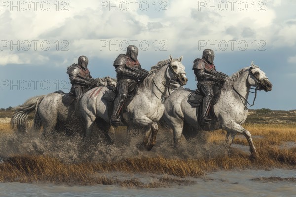 Cyborg soldiers in full battle armor riding white horses in water, AI generated