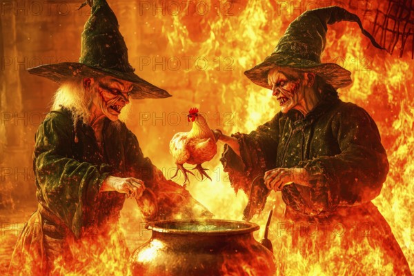 Two horrible witches preparing a chicken to be boiled in a cauldron, AI generated