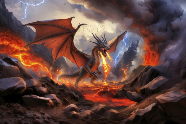 Ferocious fire breathing dragon with open wings, claws and fangs over a lava flow in a mountainous environment, AI generated