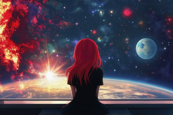 Anime girl with red hair captivated by the vision of a universe full of planets and stars, AI generated