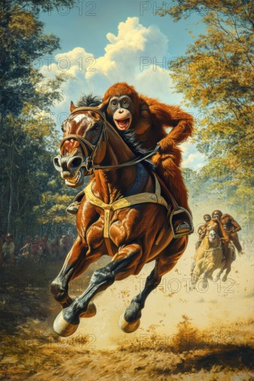 Orangutans participating in horse racing, AI generated