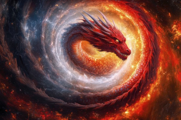 Mythic red dragon emerging from a cosmic fire spiral, AI generated