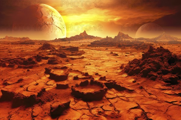 Imaginary desolate landscape of a red planet after an earthquake, AI generated