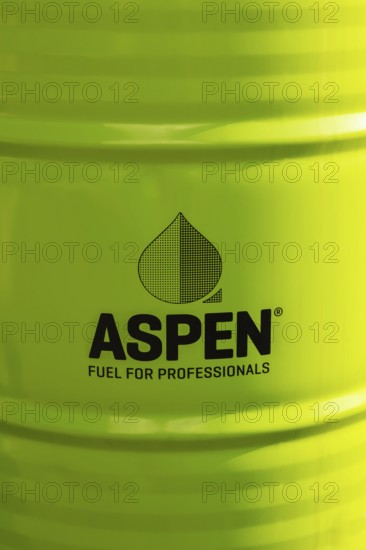 Close-up of Aspen 52.8 gallon gas fuel drum for professionals for filling up small 2 stroke engine equipment for public garden maintenance, Quebec, Canada