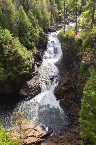 High angle view of Dorwin Falls and Ouareau river in autumn, Dorwin Falls Park, Rawdon, Lanaudiere, Quebec, Canada