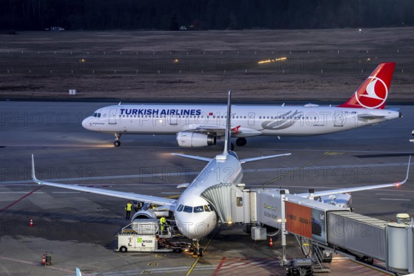 Turkish Airlines Airbus A321 after landing at Cologne/Bonn airport, on the taxiway to the terminal, North Rhine-Westphalia, Germany