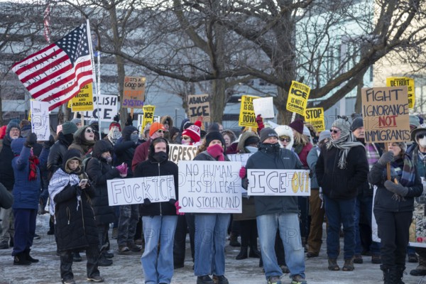 Detroit, Michigan USA - 24 January 2026 - A solidarity rally with Minneapolis residents protesting the ICE occupation of their city. Activists in Minnesota are engaging in a one-day strike over ICE arrests and brutality against immigrants