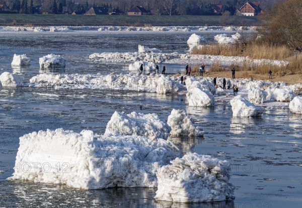 Many visitors look at the icebergs on the water of the Elbe and on the banks of the Elbe Island near Geesthacht on a cold winter day. Geesthacht, Schleswig-Holstein, Germany