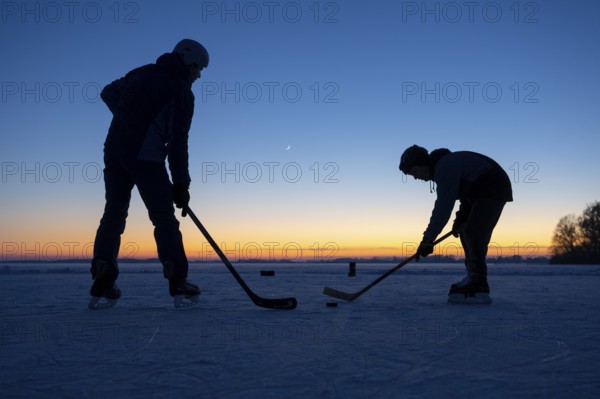 Winter at Dümmer, ice hockey player on the lake, Eickhöpen, Lembruch, Lower Saxony, Germany