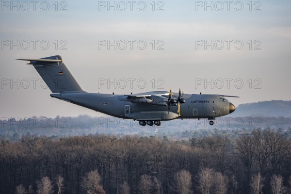 Airbus A400 transport aircraft of the German Air Force, landing at Cologne/Bonn airport, CGN, belongs to the air transport squadron 62 air refueling probe, North Rhine-Westphalia, Germany