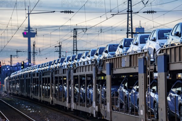 Car train, transport of Toyota small cars with a freight train from BLG Logistics, a logistics service provider for automobiles, Cologne, North Rhine-Westphalia, Germany