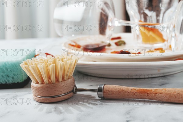 Dishes are stacked on a kitchen counter with food remnants after a meal. A cleaning brush and sponge are ready for washing the plates and glasses