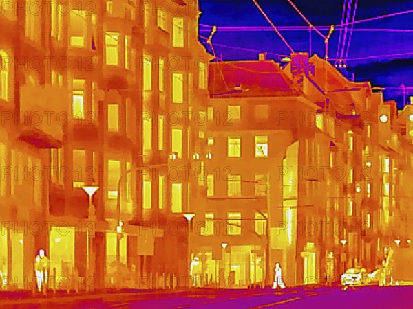 Thermal image or thermography, symbolic photo, interpolated. The photo shows areas of heat loss in a building. Stuttgart, Baden-Württemberg, Germany
