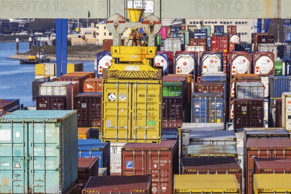 The port of Mannheim is one of the most important inland ports in Europe. The harbor basins stretch across the Rhine and Neckar. Container terminal in Mühlauhafen. Mannheim, Baden-Württemberg, Germany