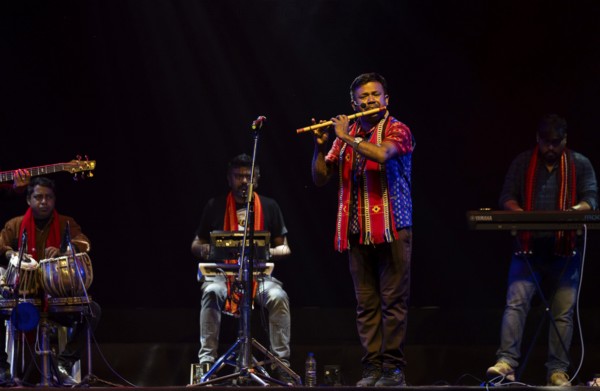 Flutist Dilip Hira performs during a cultural evening program at Shilpgram Mohotsav 2026 in Guwahati, India, on 21 January 2026