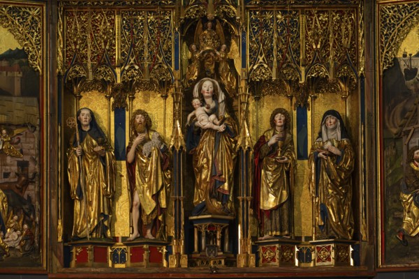 Mother of God on the crescent moon with baby Jesus, elevated on a pedestal, left and right John the Baptist and John the Evangelist, high altar, shrine and predella, chancel with movable pair of double wings suitable for the festivals of the church year, choir room, Blaubeuren Abbey, Swabian Alb, Baden-Württemberg, Germany