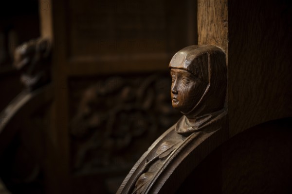 Head of a woman, oak choir stalls for the monks, 1493 by Jörg Syrlin the Younger, also Sürlin or Serling, sculptor, completed, choir room, Blaubeuren Abbey, Swabian Jura, Baden-Württemberg, Germany