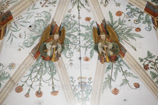 Trombone angel, vaulted ceiling with plant frescoes, choir room, Blaubeuren Abbey, Swabian Jura, Baden-Württemberg, Germany