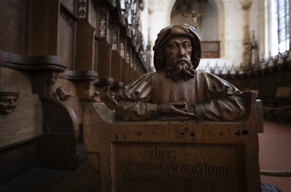 Carved half-figure, oak choir stalls for the monks, 1493 by Jörg Syrlin the Younger, also Sürlin or Serling, sculptor, completed, choir room, Blaubeuren Abbey, Swabian Jura, Baden-Württemberg, Germany