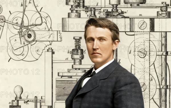 Thomas Alva Edison, 1847 - 1931, American inventor, Telegraph Apparatus, Patented 1872, digitally edited according to a photography by Mathew Brady, 1878